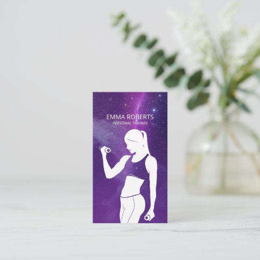 フィットネスガールパーソナルトレーナーパープルスター 名刺 (スタンド正面)