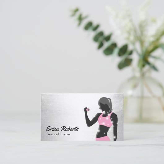 フィットネスガールパーソナルトレーナーモダンシルバー 名刺 (スタンド正面)