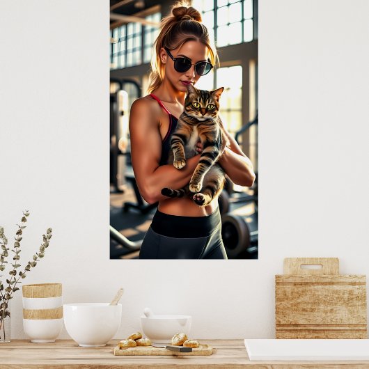 フィットネスガール&キャットのジム。女性トレーニング動機 ポスター (キッチン)