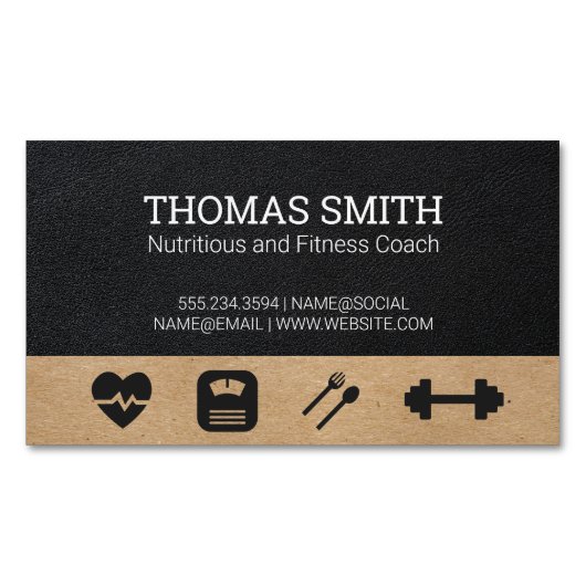 フィットネスコーチ | ヘルス | ブラックレザー マグネット名刺 (正面)