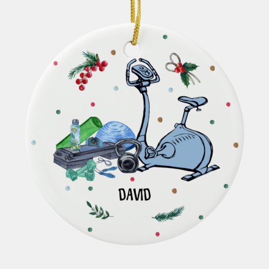 フィットネスジムクリスマスオーナメント、体ビルダー セラミックオーナメント (正面)