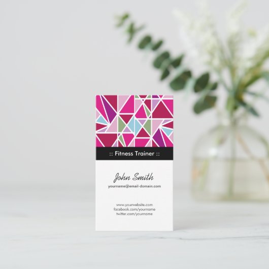 フィットネストレーナーピンク抽象芸術ジオメトリ 名刺 (スタンド正面)