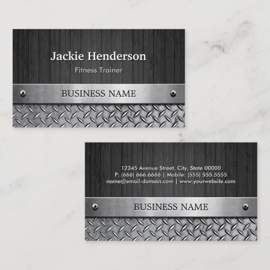 フィットネストレーナー – 木と金属の外観 名刺 (正面/裏面)