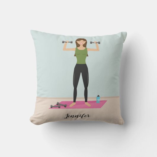フィットネストレーニングガールウィズダンベルズ&名前をカスタムする クッション (正面)