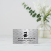 フィットネスパーソナルトレーナーモダン金属背景 名刺 (スタンド正面)