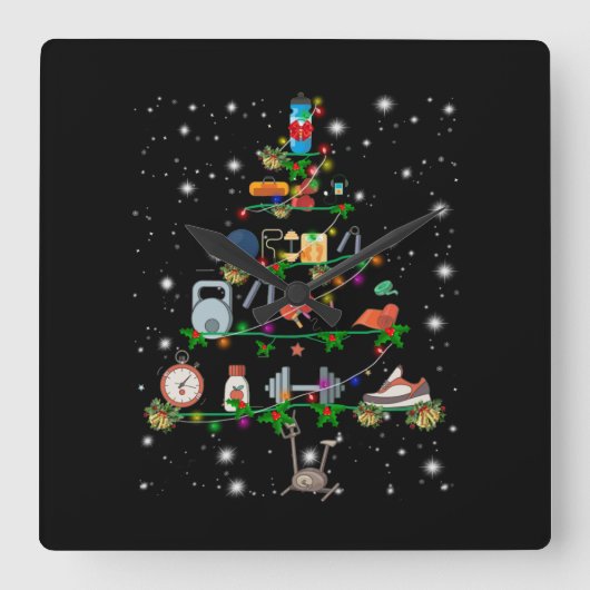 フィットネス愛好家|体操楽器クリスマスツリー スクエア壁時計 (正面)
