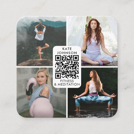 フィットネス瞑想ヨガカスタム4枚の写真QRコード スクエア名刺 (正面)