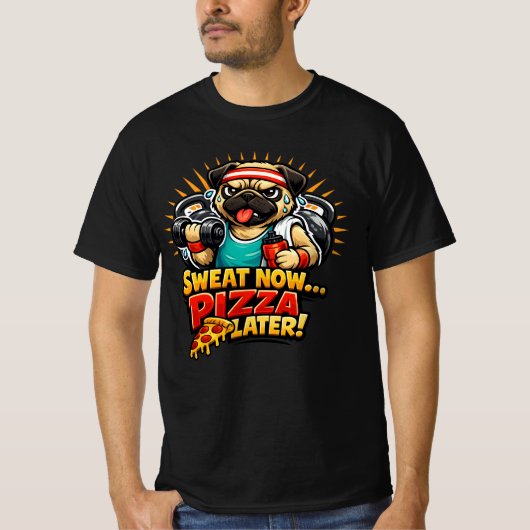 フィットネス＆ピザ好きのためのキュートなワークアウト・ドッグTシャツ Tシャツ (正面)