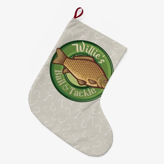 フィッパーソナライズされたシュアンドタックショップ魚釣りアングラー ラージクリスマスストッキング (正面 (吊り時))