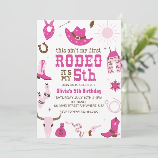 フィフスロデオウェスタン女性のカーボーイ5th誕生日 招待状 (スタンド正面)