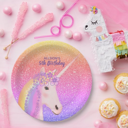 フィフス誕生日ユニコーンレインボーパスパーソナライズされたテル ペーパープレート (パーティー)