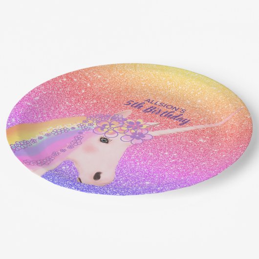 フィフス誕生日ユニコーンレインボーパスパーソナライズされたテル ペーパープレート (アングル)