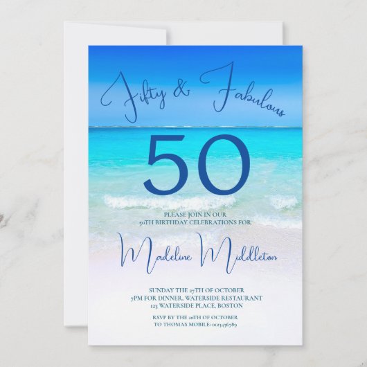 フィフティと素晴らしいビーチフォト誕生日 招待状 (正面)