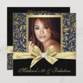 フィフティと素晴らしい金ゴールドネイビーダマスク |50誕生日 招待状 (正面/裏面)