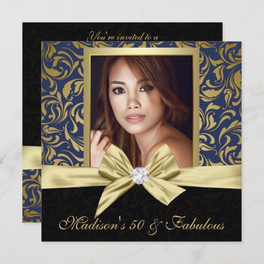 フィフティと素晴らしい金ゴールドネイビーダマスク |50誕生日 招待状 (正面/裏面)