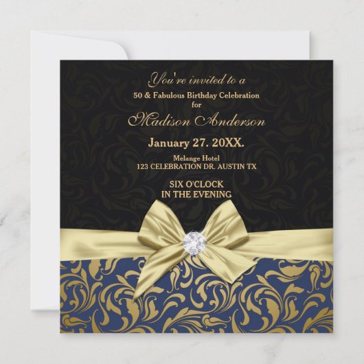 フィフティと素晴らしい金ゴールドネイビーダマスク |50誕生日 招待状 (裏面)