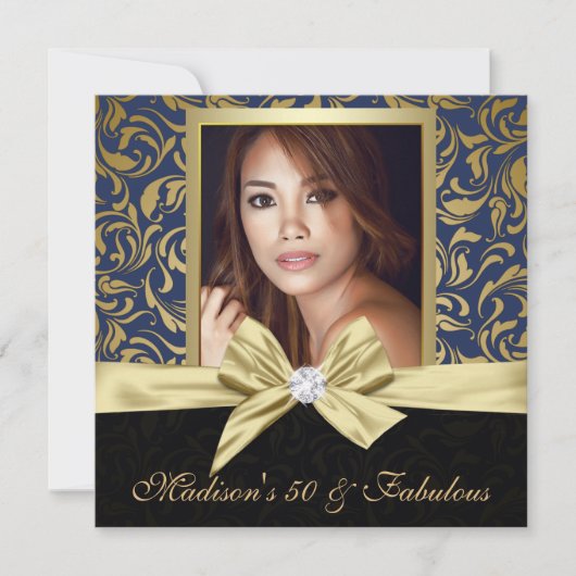 フィフティと素晴らしい金ゴールドネイビーダマスク |50誕生日 招待状 (正面)
