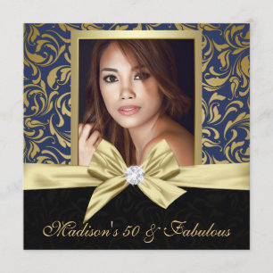 フィフティと素晴らしい金ゴールドネイビーダマスク  50誕生日 招待状
