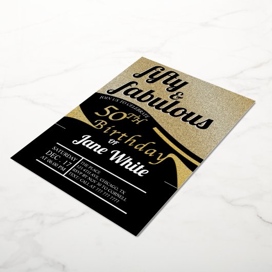フィフティと素晴らしい |エレガント金ゴールド50誕生日フォイ 箔招待状 (回転した状態)