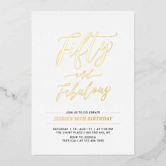 フィフティと素晴らしい |モダン金ゴールド50th誕生日パーティー 箔招待状 (正面)