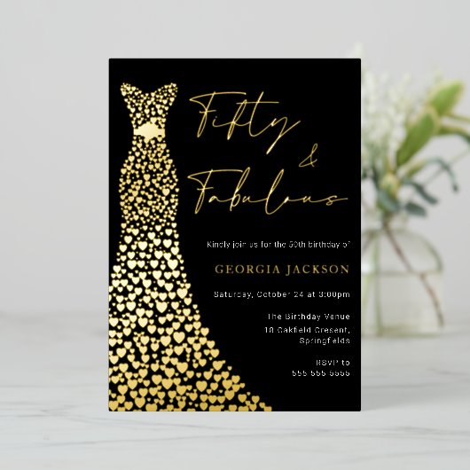 フィフティアンドファブドレス50誕生日ブラック実在金ゴールド 箔招待状 (立ち正面)