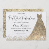 フィフティアンドファブラスゴージャス金ゴールドガウン50誕生日 招待状 (正面/裏面)