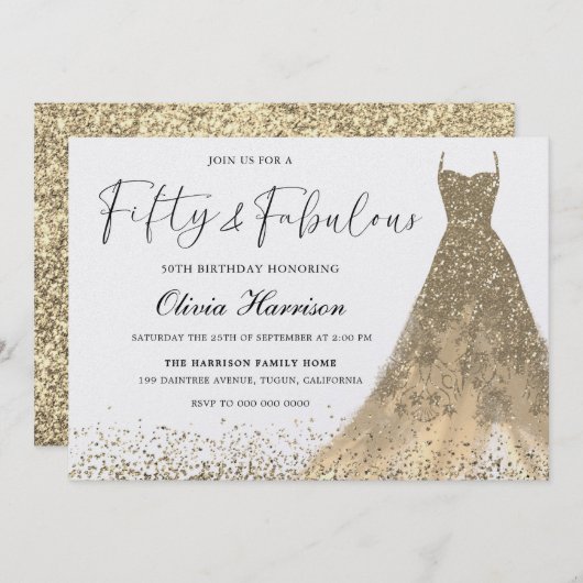 フィフティアンドファブラスゴージャス金ゴールドガウン50誕生日 招待状 (正面/裏面)