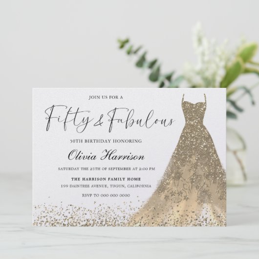 フィフティアンドファブラスゴージャス金ゴールドガウン50誕生日 招待状 (スタンド正面)