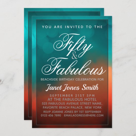 フィフティアンドファブラスティール（緑がかった色）誕生日 招待状 (正面/裏面)