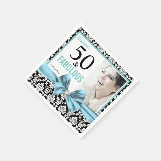 フィフティアンドファブラス白黒ダマスク誕生日 スタンダードカクテルナプキン (角)