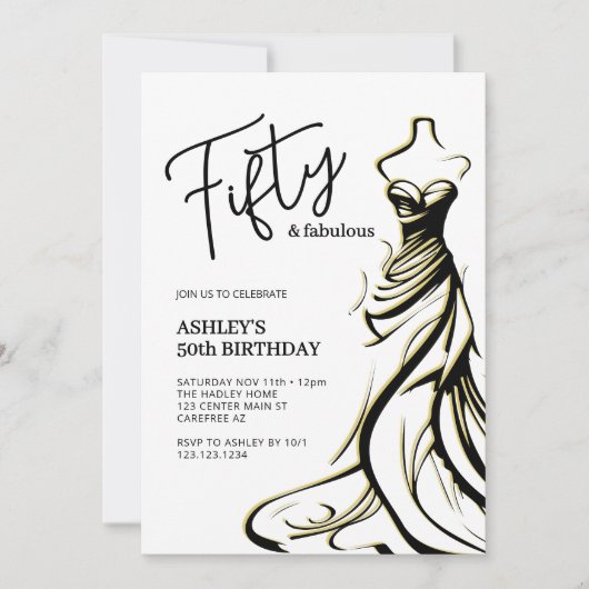 フィフティアンドファブルドレス白黒50th誕生日 招待状 (正面)