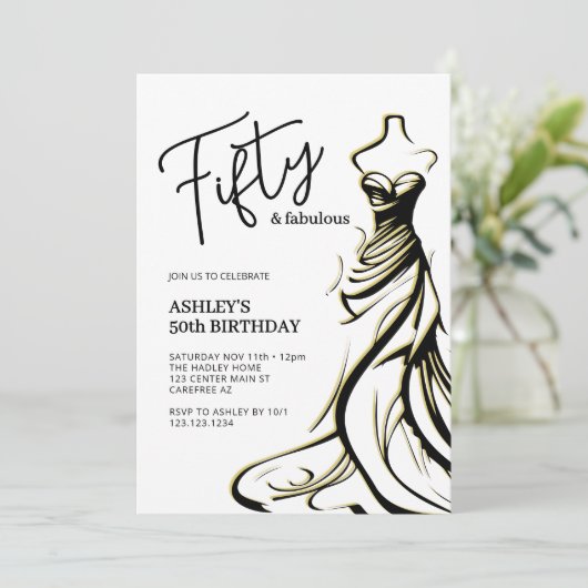 フィフティアンドファブルドレス白黒50th誕生日 招待状 (スタンド正面)