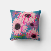フィフティアンドファブルピンクデイジーオンブルーハッピーバースデー クッション (正面)