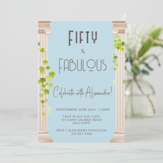 フィフティエレガントファブルギリシャテーマブルー誕生日 招待状 (スタンド正面)
