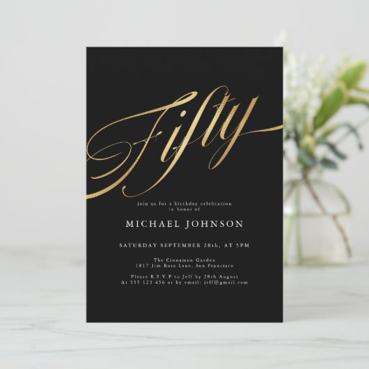 フィフティブラックモダンと金ゴールド50誕生日 招待状 (スタンド正面)