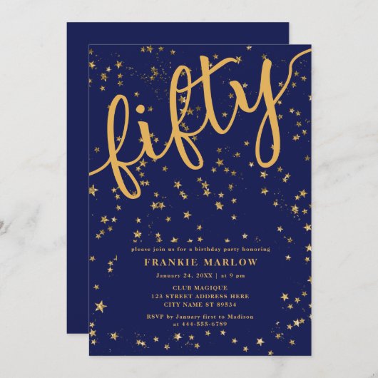 フィフティブルー金ゴールドグリッターモダン50th誕生日パーティー 招待状 (正面/裏面)