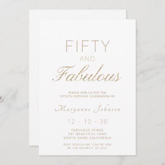 フィフティーアンドファビューホワイトモダン金ゴールド50誕生日 招待状 (正面/裏面)