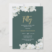 フィフティーエメラルドグリーン&金ゴールドホワイトフローラ誕生日 招待状 (正面)
