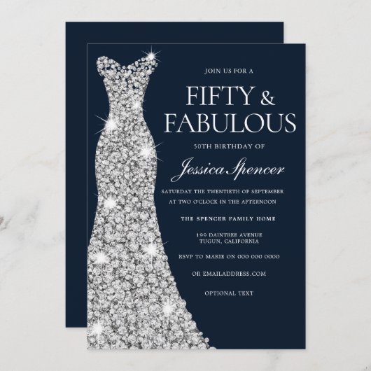 フィフティースビーバーダイヤモンドガウン50誕生日 招待状 (正面/裏面)