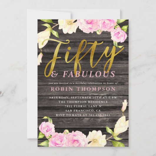 フィフティーズ&素晴らしいピンクのフローラ誕生日パーティー 招待状 (正面)