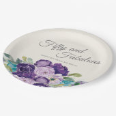 フィフティーファウラス誕生日パープルブルーフローラホワイト ペーパープレート (アングル)