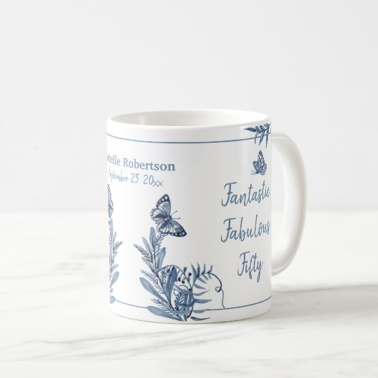 フィフティーファブルウォーターカラーブルーフローラ50誕生日 コーヒーマグカップ (正面右)
