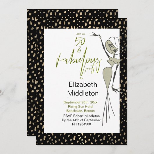 フィフティーファブル50thブラック金ゴールドエレガント誕生日 招待状 (正面/裏面)