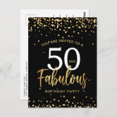 フィフティー&ファブルブラック&金ゴールド誕生日招待状 ポストカード (正面/裏面)