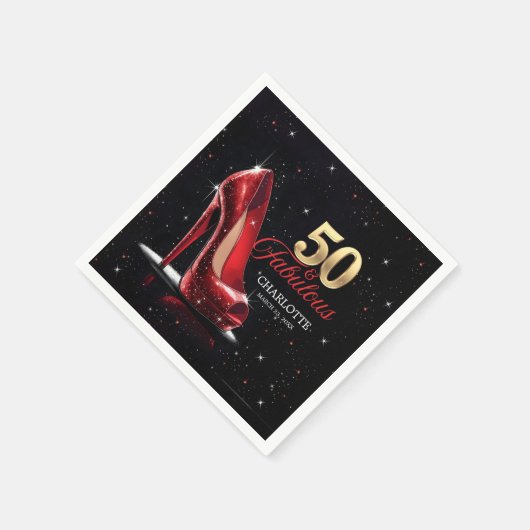 フィフティ50と素晴らしい誕生日レッド金ゴールドハイヒール スタンダードカクテルナプキン (角)