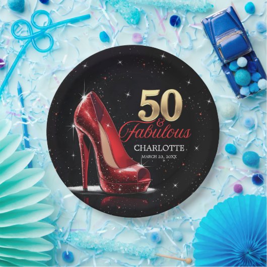 フィフティ50と素晴らしい誕生日レッド金ゴールドハイヒール ペーパープレート (パーティー)