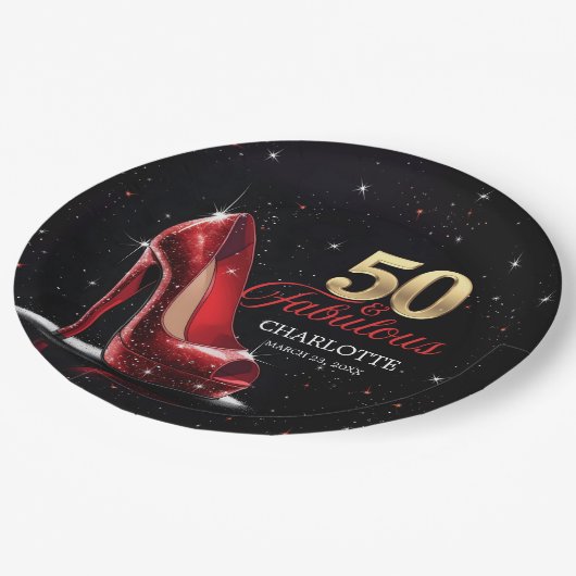 フィフティ50と素晴らしい誕生日レッド金ゴールドハイヒール ペーパープレート (アングル)