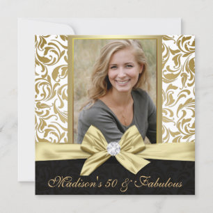 フィフティ・アンド・ファビュラス ゴールド ホワイト ダマスク 50歳の誕生日 招待状