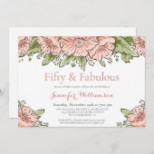 フィフティ＆ファビュラス ピンクフラワー ５０歳誕生日パーティー 招待状 (正面/裏面)