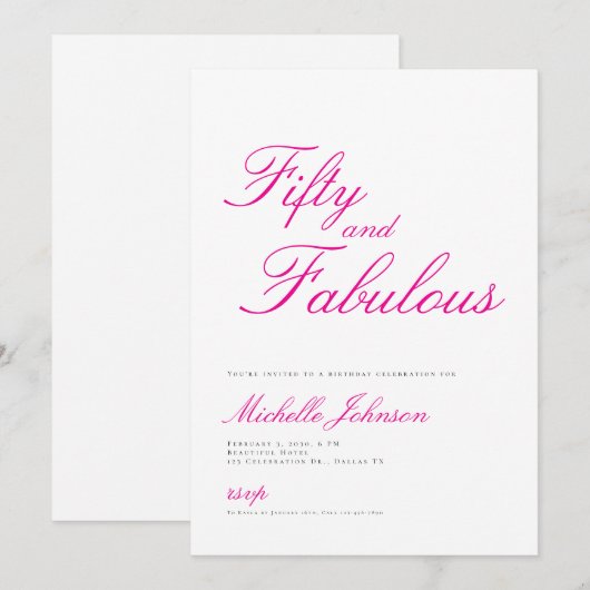 フィフティ＆ファビュラス ピンク 50歳の誕生日パーティー招待状 招待状 (正面/裏面)